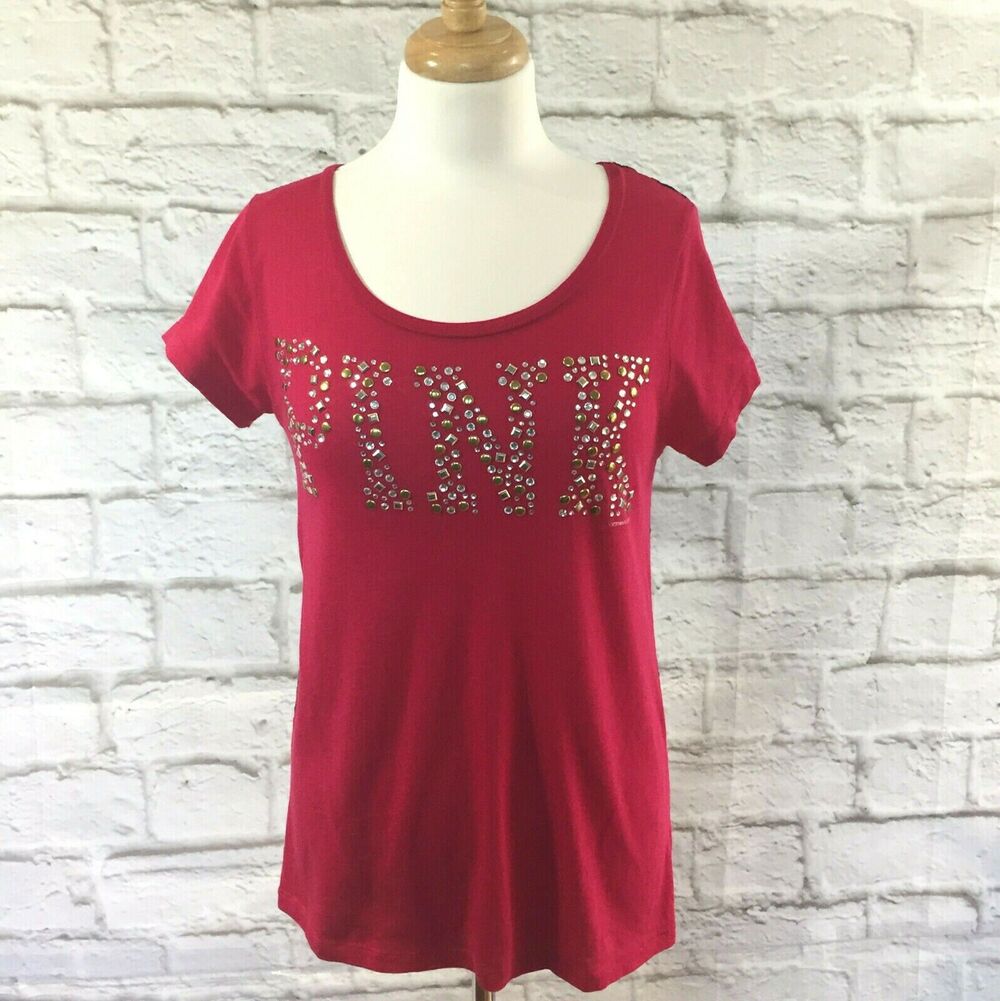 PINK Victoria's Secret Lace Back Studded Rhinestone Pink & Black T-shirt sz. S